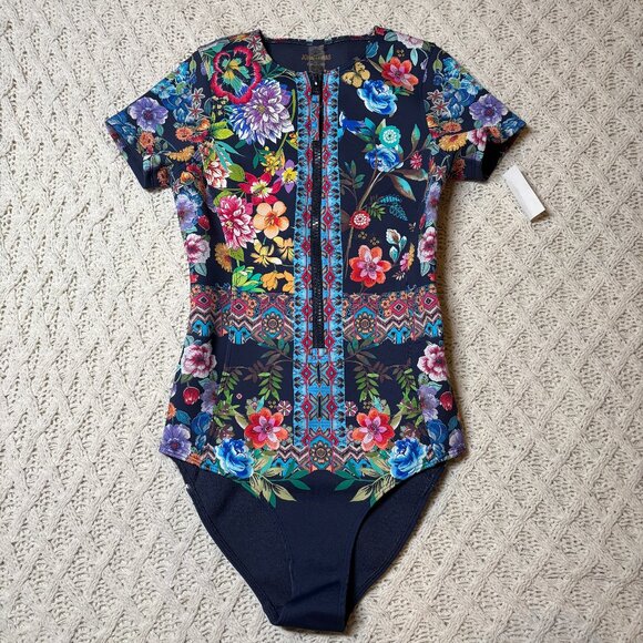 NWOT Johnny Was Floral Zip Rash Guard One-Piece‎ Swimsuit Navy Multicolor XS - Picture 2 of 8